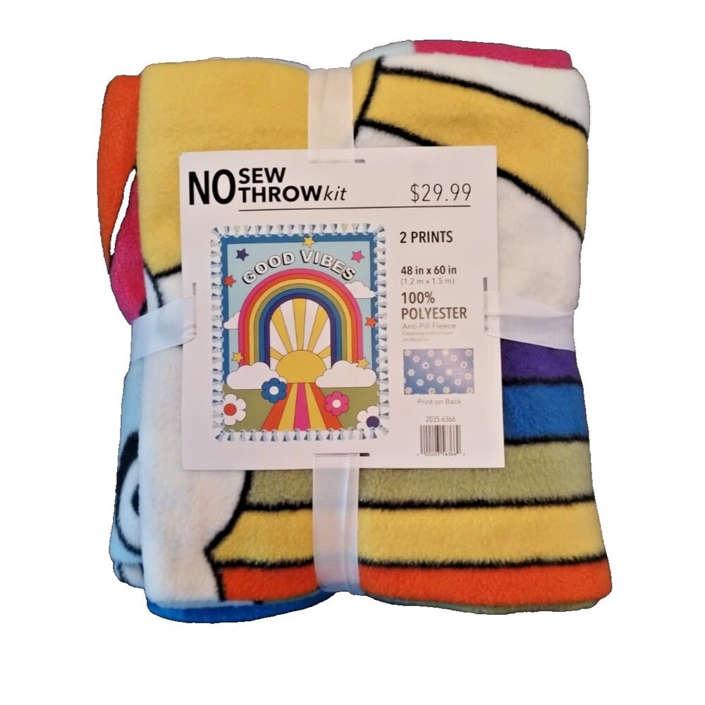 No Sew Fleece Throw Kit, "Good Vibes" Retro Rainbow, 48" x 60", Anti-Pill, NEW!